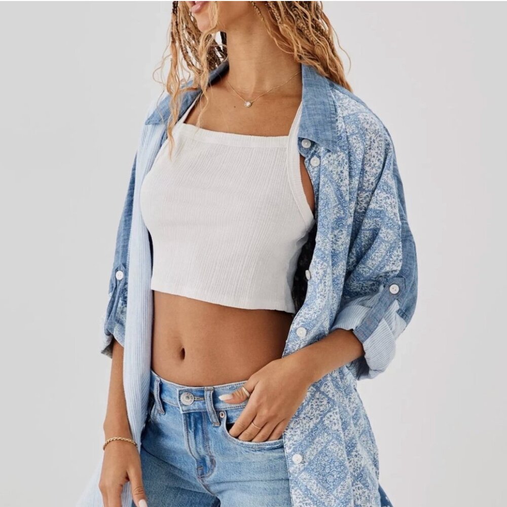American Eagle Chambray Blue Patchwork Oversized … - image 3